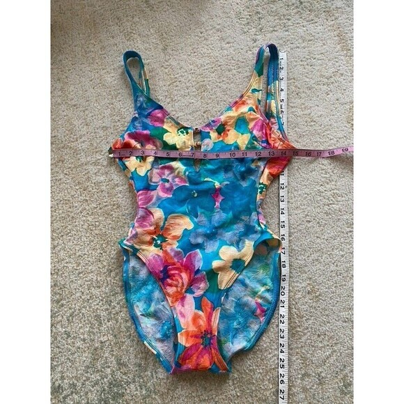 Vintage La Blanca Size 6 Swimsuit Flroal 1 Piece Plunge Front Low Back High Cut - Picture 3 of 9